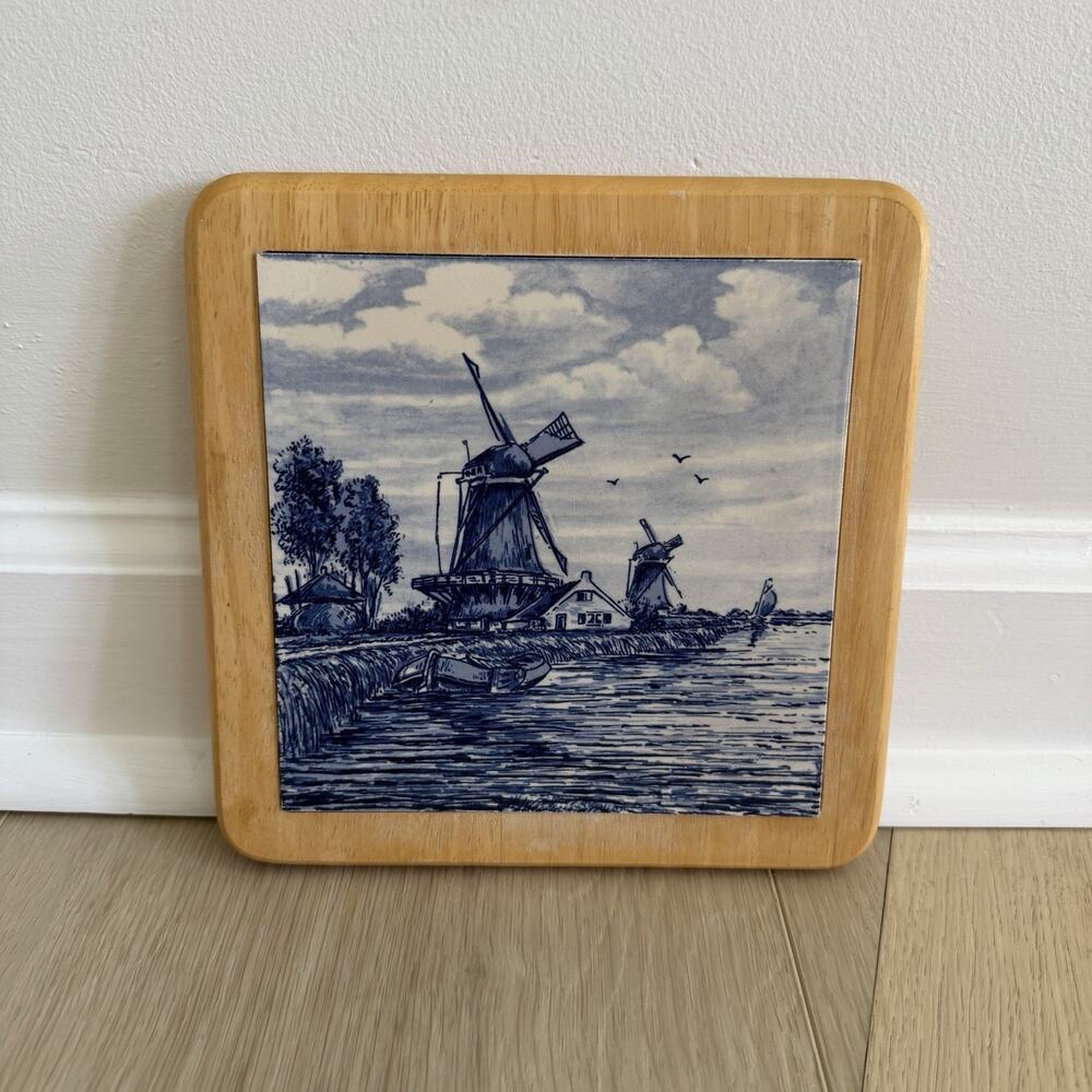 Vintage Delft Blue Hand Painted Ceramic Tile Wood Frame Holland Windmill Trivet